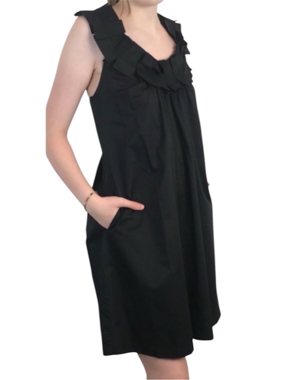 Zara Timeless Black box pleat collar crisscross back feminine Swing LBD Dress